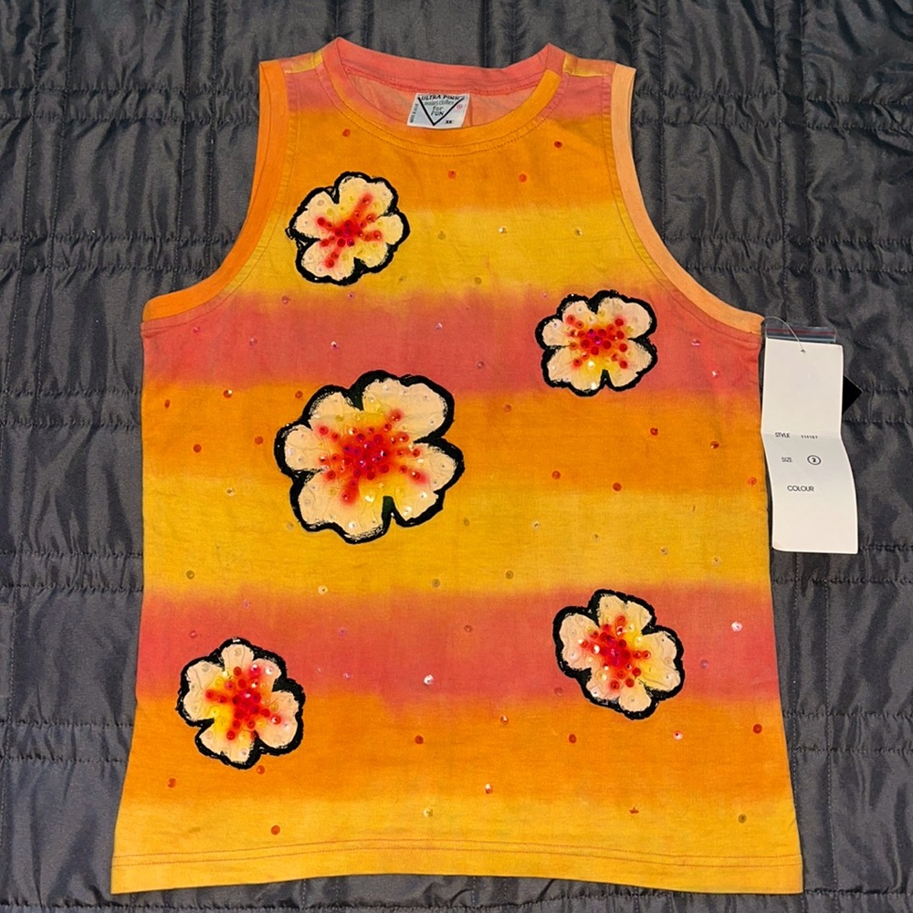 Ultra Pink cotton tank with fun sequin flowers